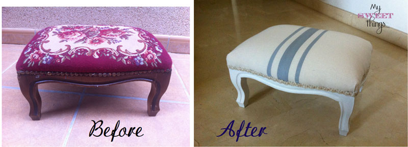 How to update easily a foot stool with some fabric and paint - Before & After