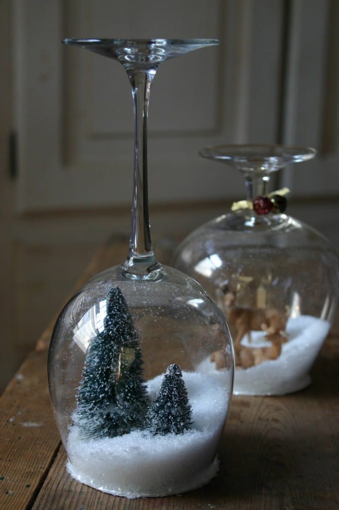 Christmas Decoration at no Cost | Stemware Christmas Ornaments with Glittered Reindeers and Trees | Via www.sweethings.net