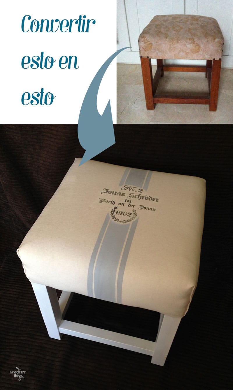 How to redo an old fashioned stool with some fake grain sack fabric | Upholster | Via www.sweethings.net 