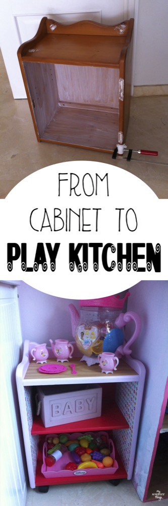 The before and after of a cabinet found curbside which was transformed into a play kitchen with paint, decoupage and wheels | My Sweet Things