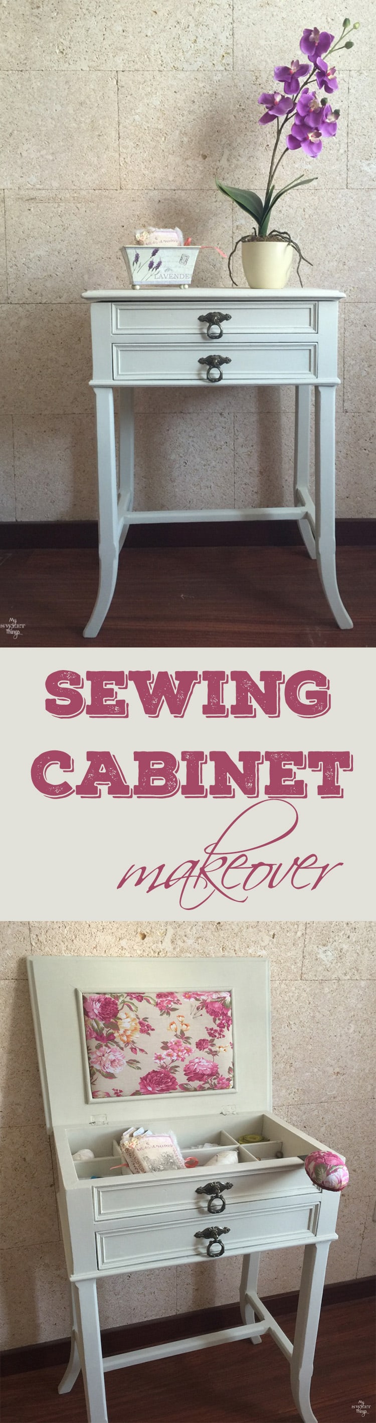 Sewing cabinet makeover from an old sewing cabinet with paint and some pretty fabric