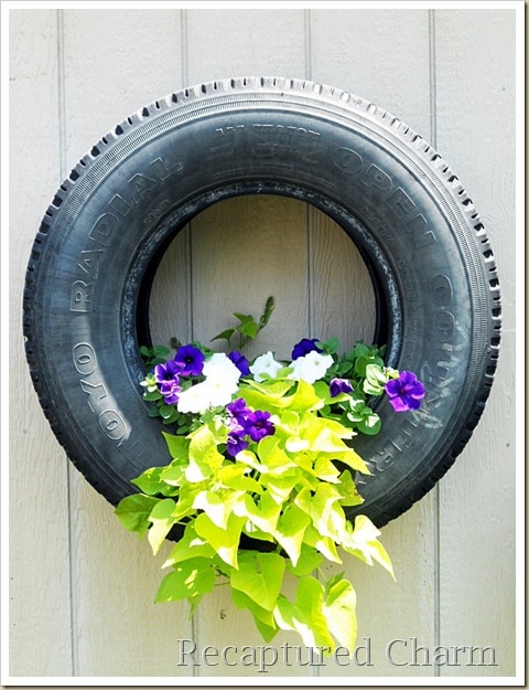 Hanging Planter · 15 Different Uses For Tires · Some easy ideas to recycle old tires · Via www.sweethings.net