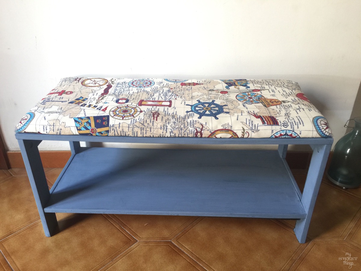Nautical Upholstered Bench Coffee Table with Old Fashioned Milk Paint in Soldier Blue · Via www.sweethings.net #bench #nautical #coastal #upholster #makeover #coffeetable