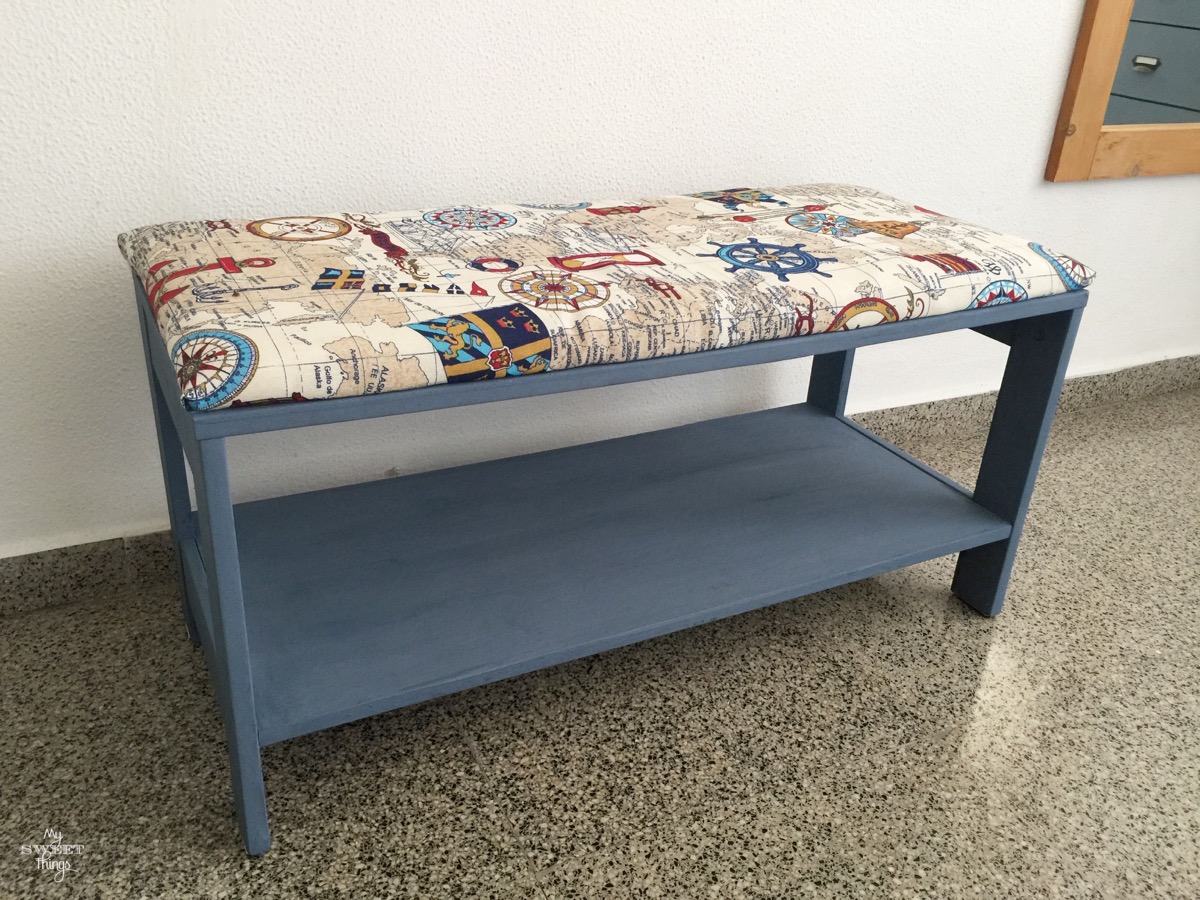 Nautical Upholstered Bench Coffee Table with Old Fashioned Milk Paint in Soldier Blue · Via www.sweethings.net #bench #nautical #coastal #upholster #makeover #coffeetable