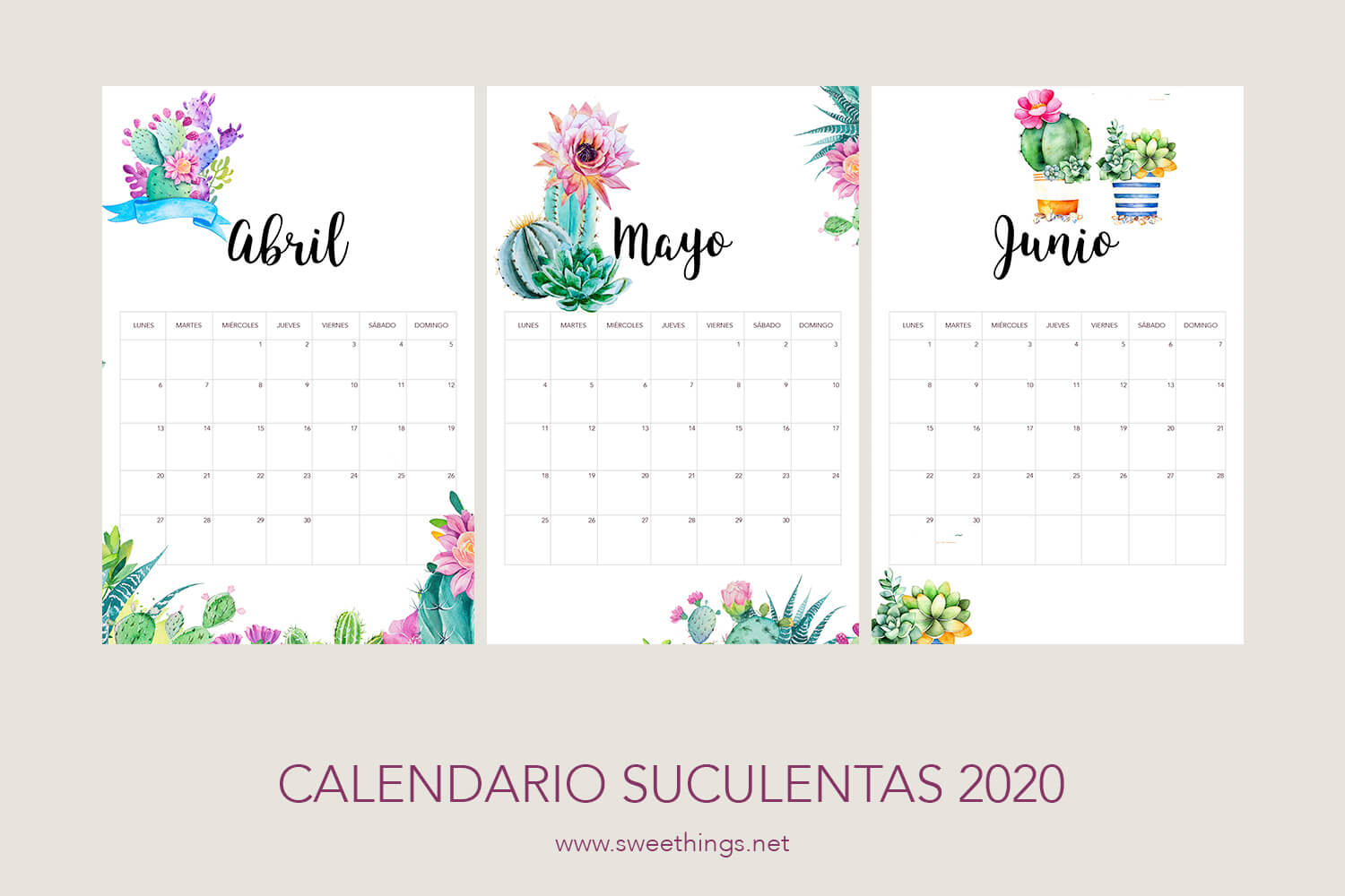 Calendarios 2020 gratis para descargar · Via www.sweethings.net