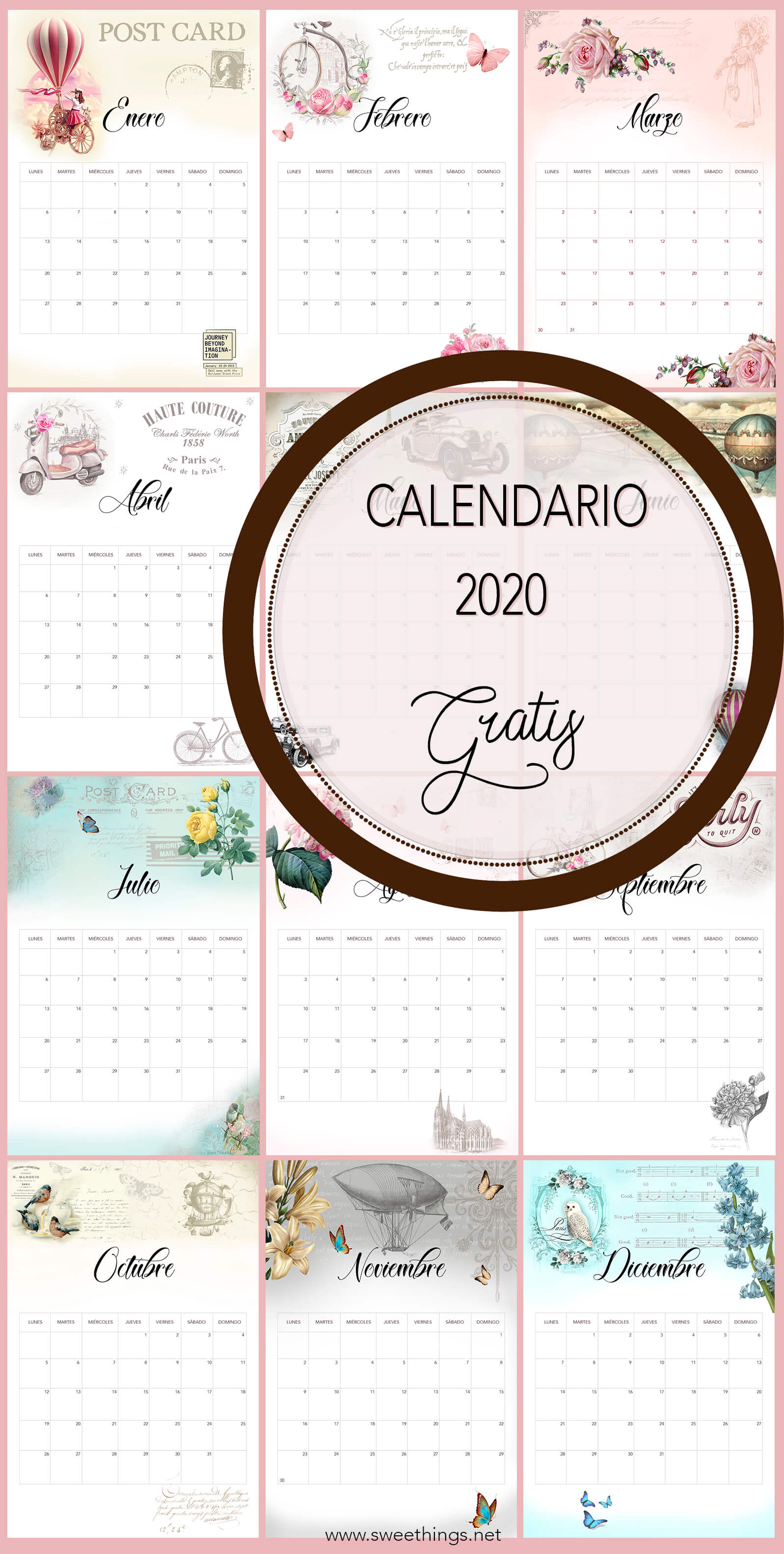 Calendario 2020 vintage gratis para descargar · Via www.sweethings.net