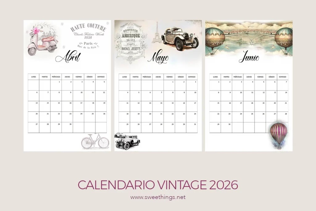 Calendario 2026 gratis Vintage 2 Trimestre - Via www.sweethings.net