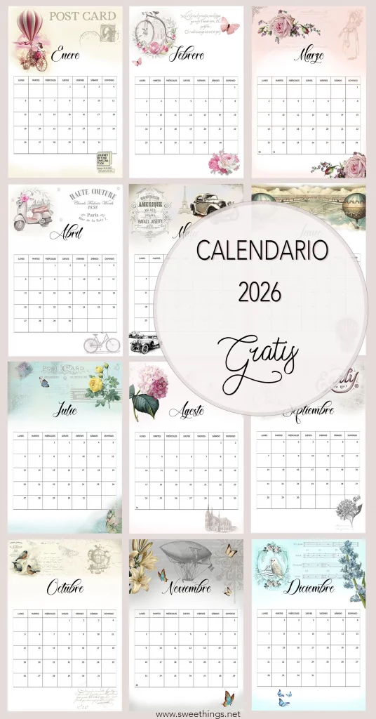 Calendario 2026 gratis Vintage · Via www.sweethings.net