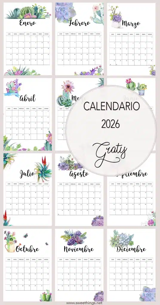 Calendario 2026 gratis para descargar Suculentas · Via www.sweethings.net