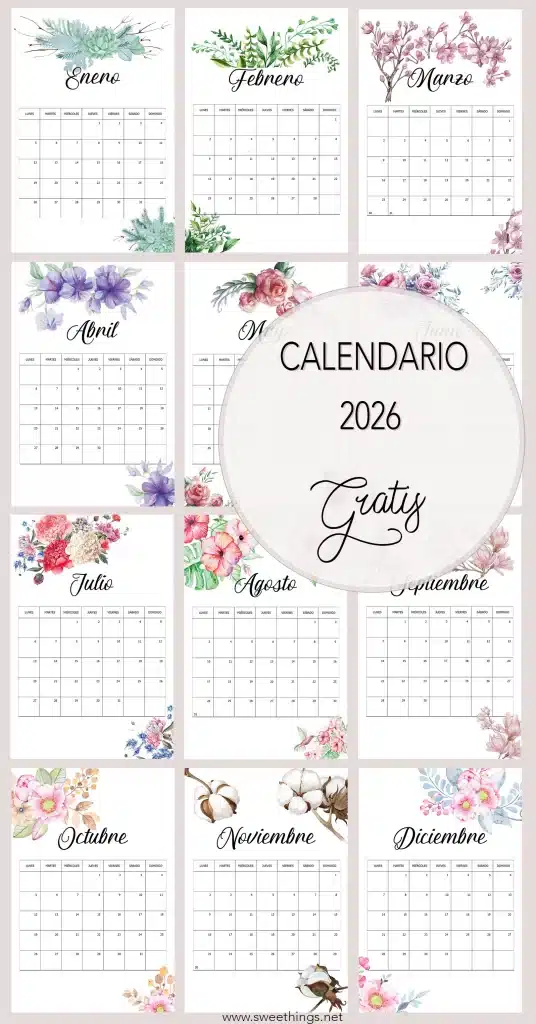Calendario 2026 gratis Floral · My Sweet Things